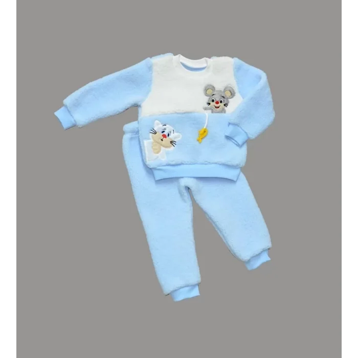 Luz&Pos 1-2-3 Yaş Sallanan Balık Nakışlı Kuzu Kumaş Sweat Pantolon Uzun Kollu Kız Erkek 2 Li Takımı Mavi