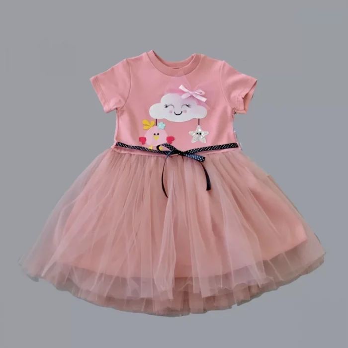 Luz&Pos 1-2-3 Yaş Tül Tokalı Bulut Civciv Ve Yıldız Nakışlı Kız Bebek Elbisesi Gül Kurusu