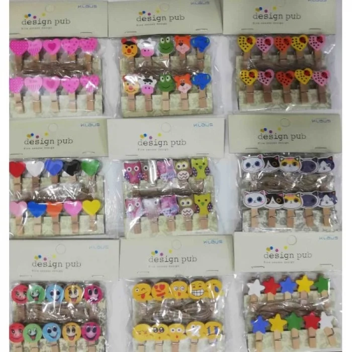 Şekilli Renkli Ahşap Mandal Seti (10lu Paket)