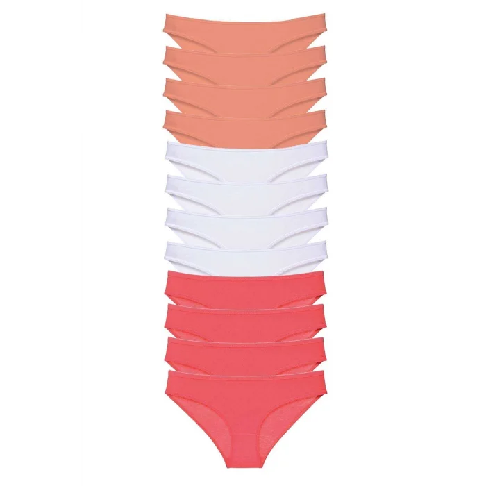 12 adet Süper Eko Set Likralı Kadın Slip Külot Pudra Beyaz Fuşya