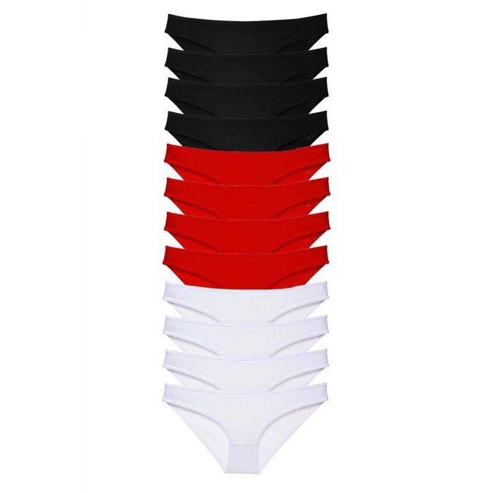 12 adet Süper Eko Set Likralı Kadın Slip Külot Siyah Kırmızı Beyaz