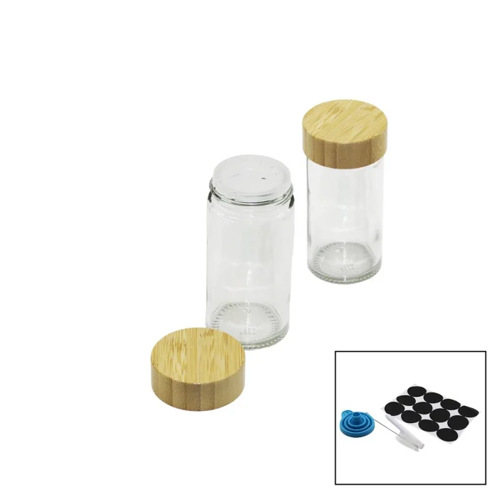 12 Pcs Takım Yuvarlak Cam Baharatlık - Tuzluk Bambu Kapaklı