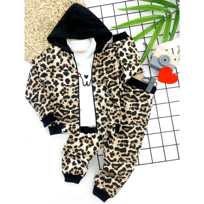 Luz&Pos 2-3-4-5 Yaş Kapşonlu Leopar Desenli Sweatli 3lü Kız Çocuk Takımı Kahverengi