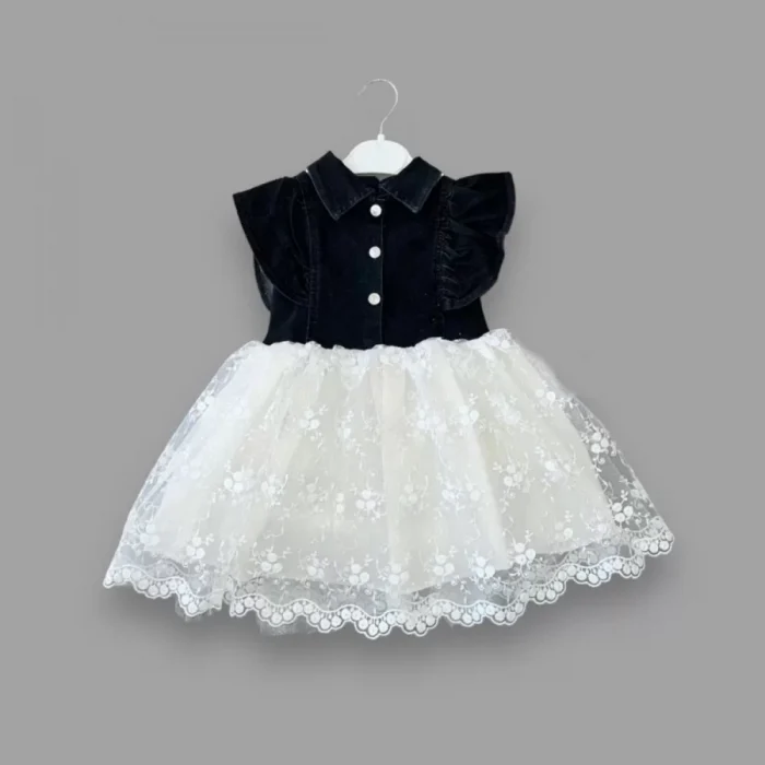 Luz&Pos 2-3-4 Yaş Astarlı Brode Etekli Kot Kumaş Düğmeli Kız Çocuk Elbisesi Siyah