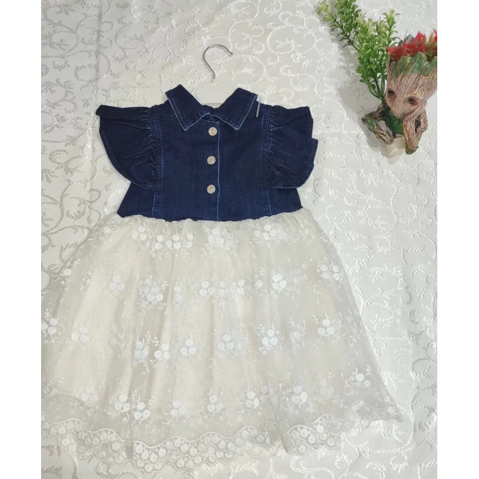 Luz&Pos 2-3-4 Yaş Astarlı Brode Etekli Kot Kumaş Düğmeli Kız Çocuk Elbisesi Mavi