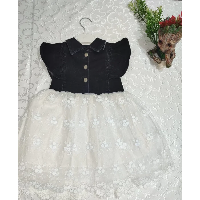 Luz&Pos 2-3-4 Yaş Astarlı Brode Etekli Kot Kumaş Düğmeli Kız Çocuk Elbisesi Siyah