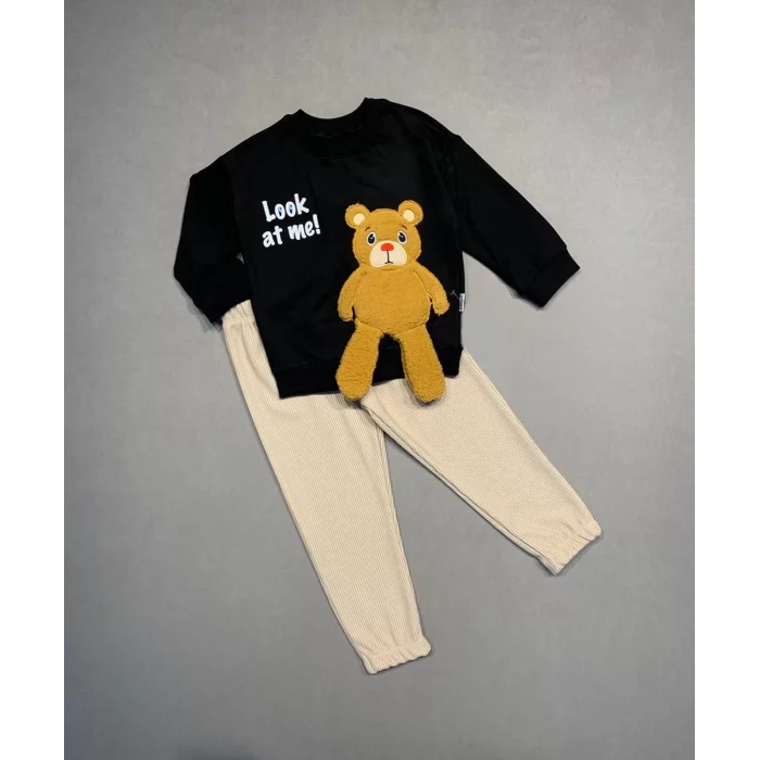 Luz&Pos 2-3-4 Yaş Ayıcık Sallanan Ayak Desenli Likra Penye Kumaş Sweat Pantolonlu Kız Erkek 2li Çocuk Takımı Siyah