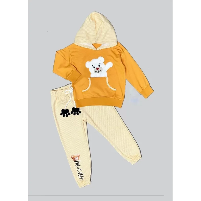 Luz&Pos 2-3-4 Yaş Pelüş Ayı Desenli Kapşonlu Uzun Kollu Penye Sweat 2li Erkek Çocuk Takımı Turuncu