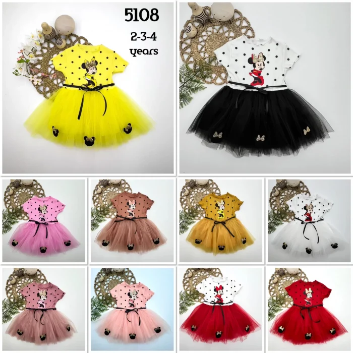 Luz&Pos 2-3-4 Yaş Puantiyeli Mickey Baskılı Kurdela Kuşaklı Astarlı Kız Bebek Tütü Elbisesi Siyah