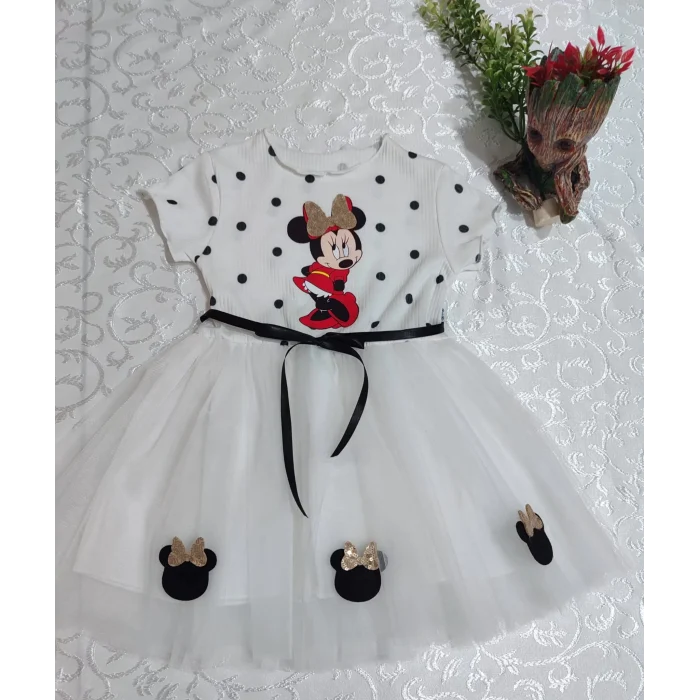 Luz&Pos 2-3-4 Yaş Puantiyeli Mickey Baskılı Kurdela Kuşaklı Astarlı Kız Bebek Tütü Elbisesi Beyaz