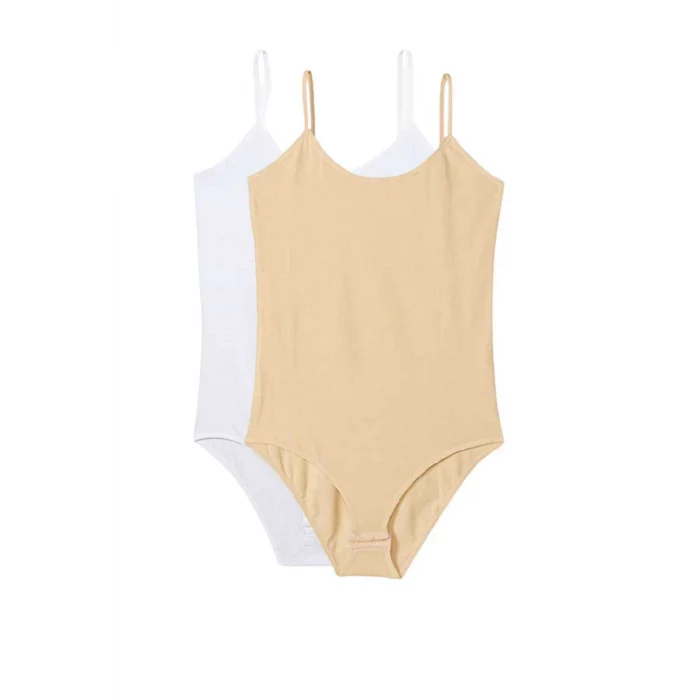 2 Adet İp Askılı Kadın Çıtçıtlı Body Beyaz ve Ten