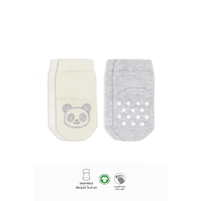 2Li Hayvan Figürlü Kaymaz Soket Çorap 10104 Gri Ekru