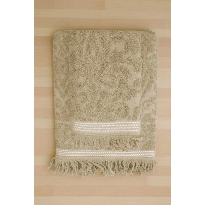 2 Parça Jakarlı Banyo Havlu Takımı %100 Pamuklu 90x150 Cm Arden Bej