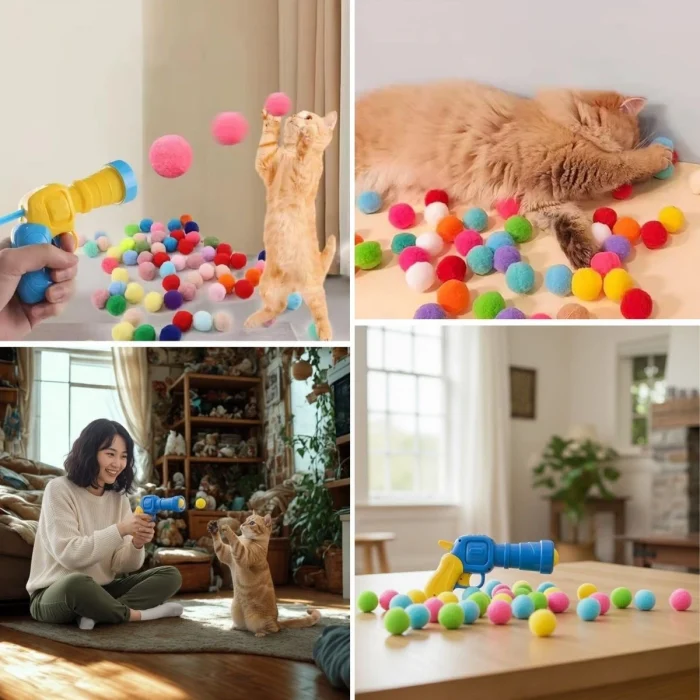 20 Adet Renkli Peluş Toplu Kedi Oyun Tabancası – Kedi Egzersiz Ve Oyun Aracı