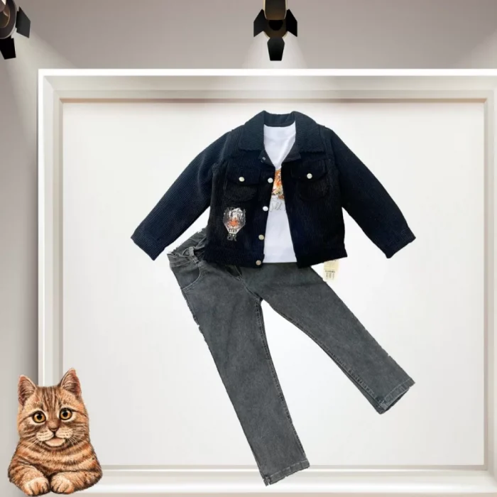 Luz&Pos 3-4-5 Yaş Fitilli Kadife Ceket Kot Pantolonlu 3lü Kız Erkek Çocuk Takımı Siyah