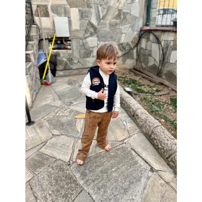 Luz&Pos 3-4-5 Yaş Fitilli Kadife Pantolon Kapitone Kapşonlu Yelek Uzun Kollu Sweat 3lü Erkek Çocuk Takımı Füme