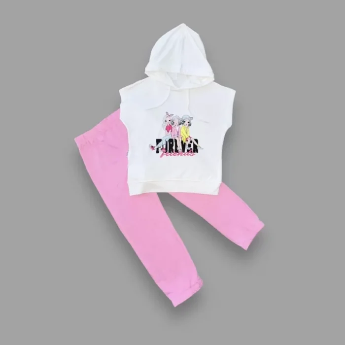 Luz&Pos 3-4-5 Yaş Forever Cici Kızlar Baskılı Kapşonlu 2li Kız Çocuk Takımı Pembe