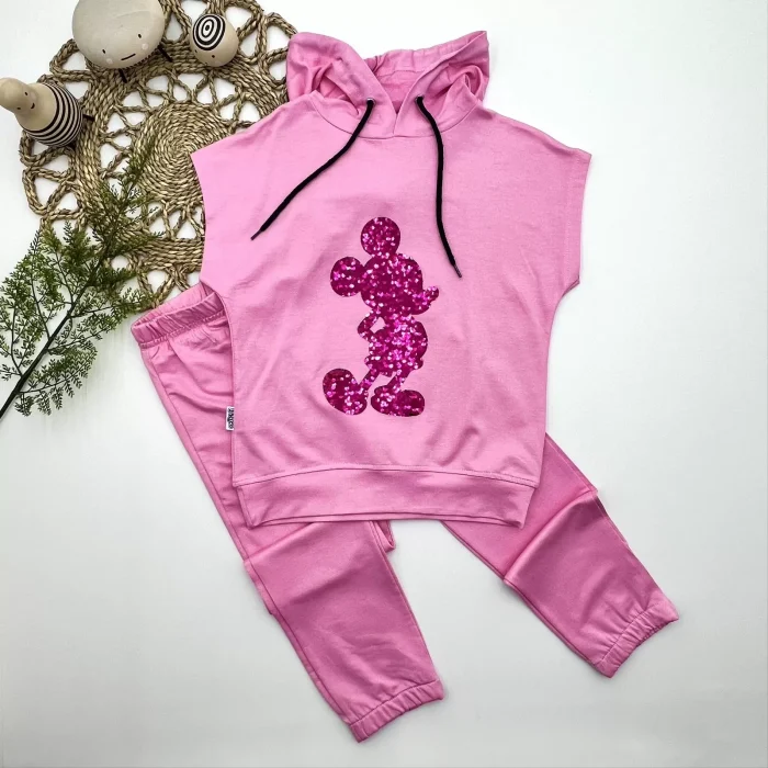Luz&Pos 3-4-5 Yaş Kapşonlu Payetli Mickey Desenli Kısa Kol 2li Kız Erkek Çocuk Takımı Pembe