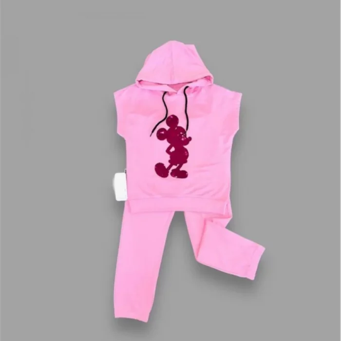 Luz&Pos 3-4-5 Yaş Kapşonlu Payetli Mickey Desenli Kısa Kol 2li Kız Erkek Çocuk Takımı Pembe