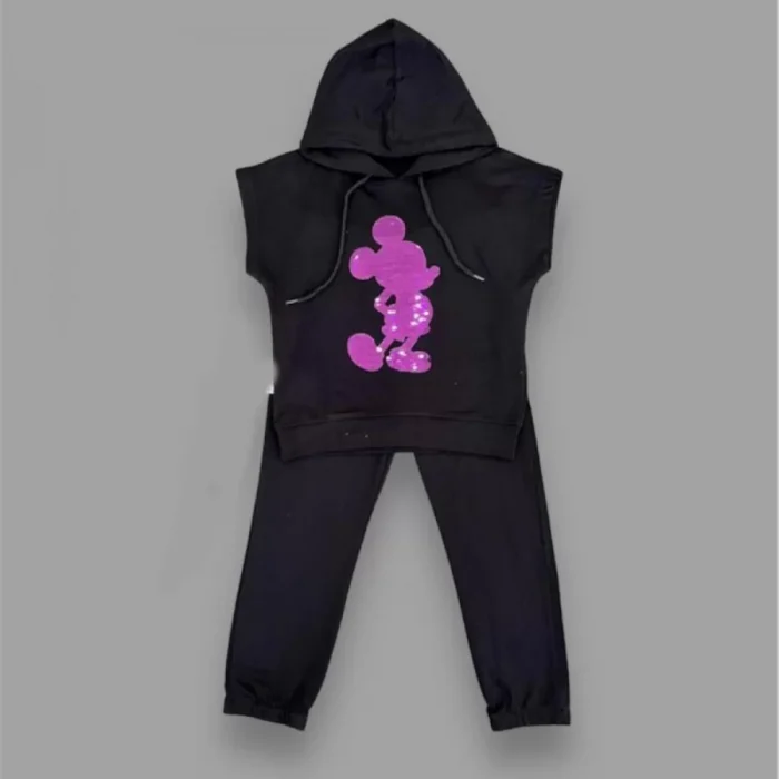 Luz&Pos 3-4-5 Yaş Kapşonlu Payetli Mickey Desenli Kısa Kol 2li Kız Erkek Çocuk Takımı Siyah