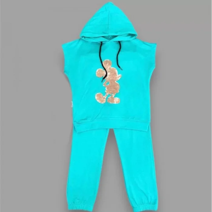 Luz&Pos 3-4-5 Yaş Kapşonlu Payetli Mickey Desenli Kısa Kol 2li Kız Erkek Çocuk Takımı Turkuaz