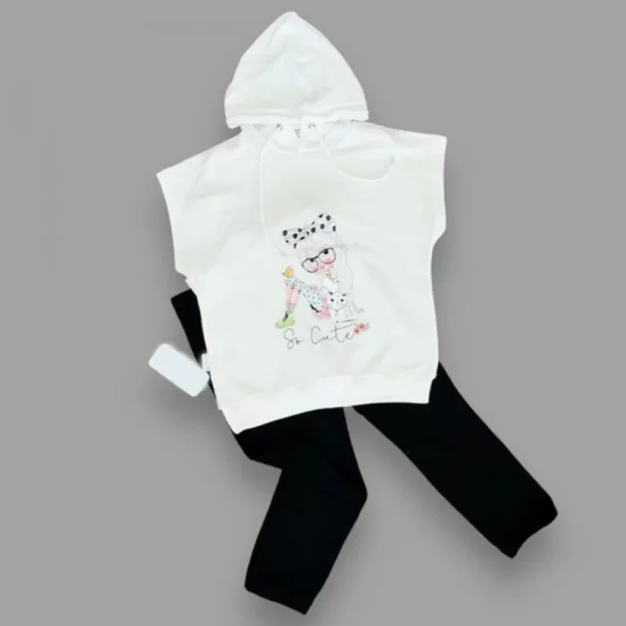 Luz&Pos 3-4-5 Yaş Kapşonlu Sevimli Kız Baskılı Kısa Kolu 2li Kız Erkek Çocuk Takımı Siyah