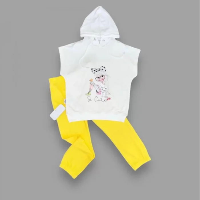 Luz&Pos 3-4-5 Yaş Kapşonlu Sevimli Kız Baskılı Kısa Kolu 2li Kız Erkek Çocuk Takımı Sarı