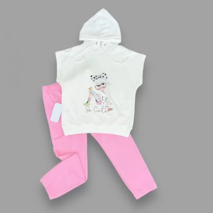 Luz&Pos 3-4-5 Yaş Kapşonlu Sevimli Kız Baskılı Kısa Kolu 2li Kız Erkek Çocuk Takımı Pembe