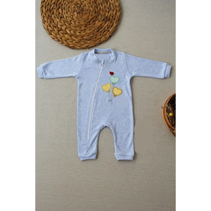 Luz&Pos 3-6 18-24 24-36 Ay Uçan Balonlar Nakışlı Ef Boy Fermuarlı Erkek Bebek Tulumu Mavi