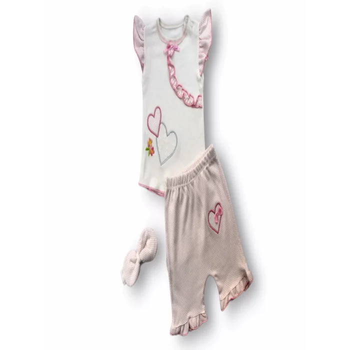 Luz&Pos 3-6 6-9 9-12 12-18 Ay Çift Kalp Nakışlı Şort Tişört 3lü Kız Bebek Takımı Ekru