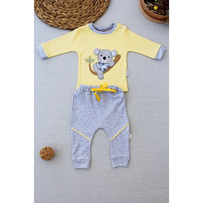 Luz&Pos 3-6 6-9 9-12 12-18 Ay Yavru Koala Nakışlı Uzun Kollu Sweat 2li Kız Erkek Bebek Takımı Sarı