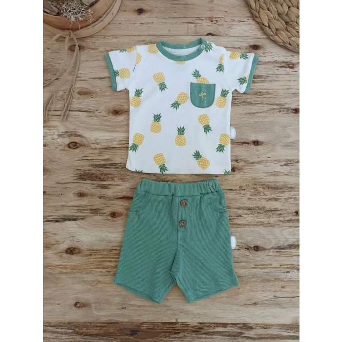 Luz&Pos 3-6 6-9 9-12 Ay Ananas Baskılı Şort Tişört 2 Li Kız Erkek Bebek Takımı Yeşil
