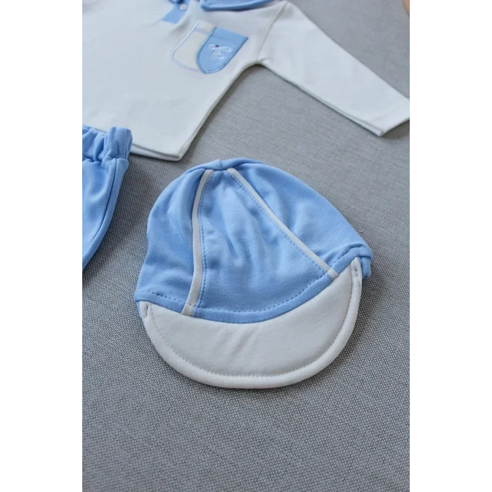 Luz&Pos 3-6 6-9 9-12 Ay Efendi Nakışlı Cep Şapkalı Uzun Kollu Sweat 3lü Erkek Bebek Takımı Mavi