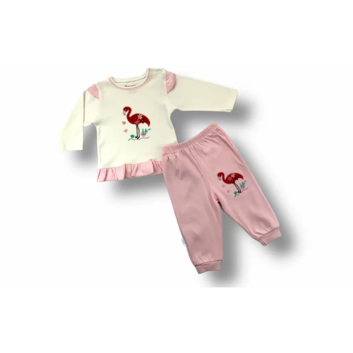 Luz&Pos 3-6 6-9 9-12 Ay Flamingo Nakışlı Uzun Kollu Sweatli 2li Kız Bebek Takımı Ekru