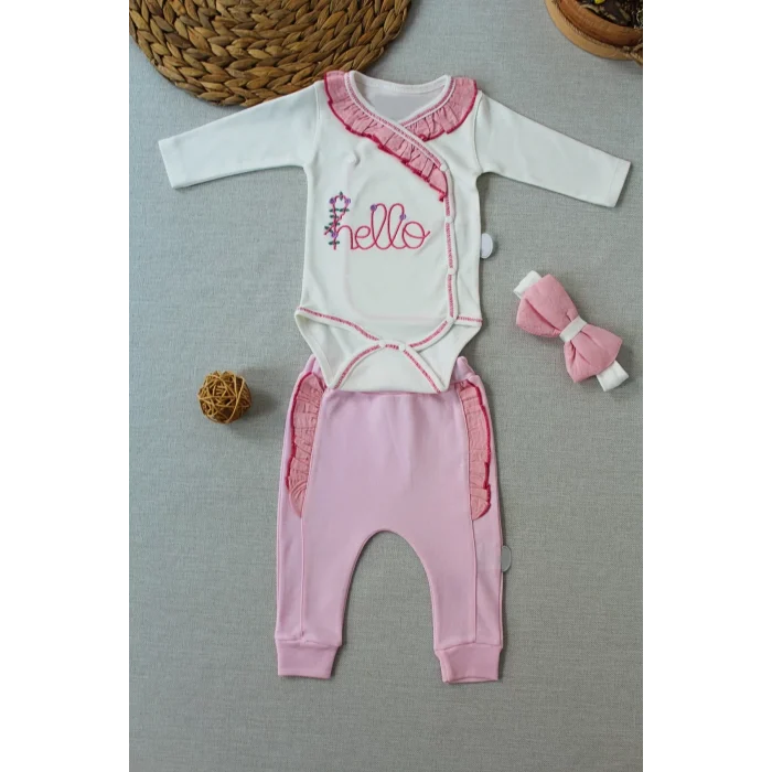 Luz&Pos 3-6 6-9 9-12 Ay Hello Nakışlı Kruvaze Bandanalı Uzun Kollu Zıbınlı 3lü Kız Bebek Takımı Pembe