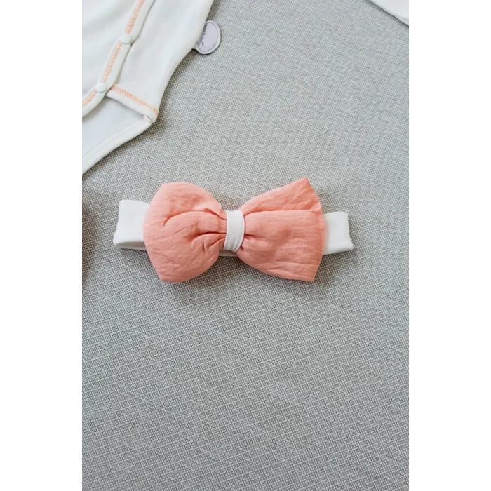 Luz&Pos 3-6 6-9 9-12 Ay Hello Nakışlı Kruvaze Bandanalı Uzun Kollu Zıbınlı 3lü Kız Bebek Takımı Somon