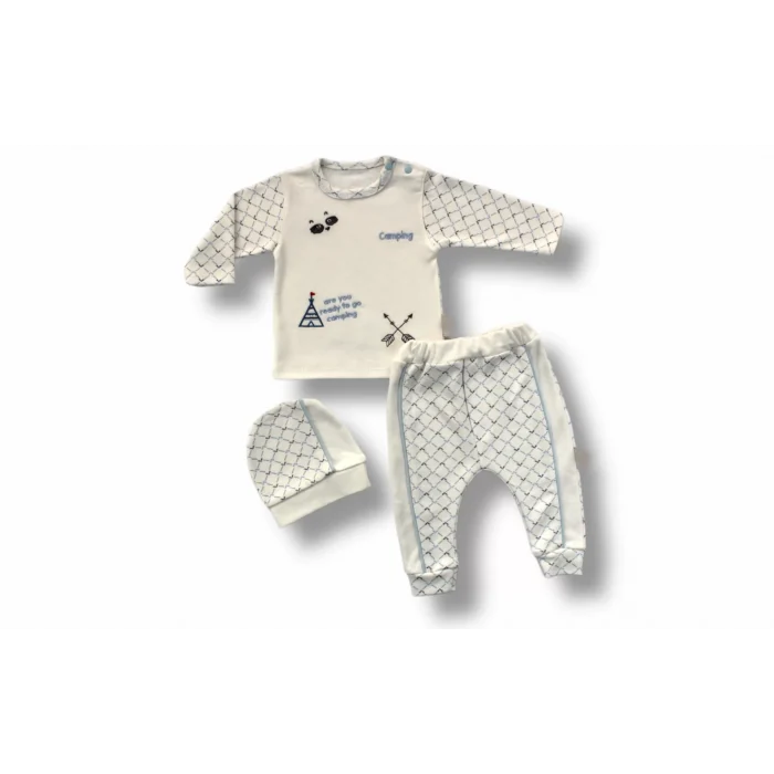 Luz&Pos 3-6 6-9 9-12 Ay My Camping Nakışlı Şapkalı Uzun Kollu Sweatli 3lü Erkek Bebek Takımı Ekru