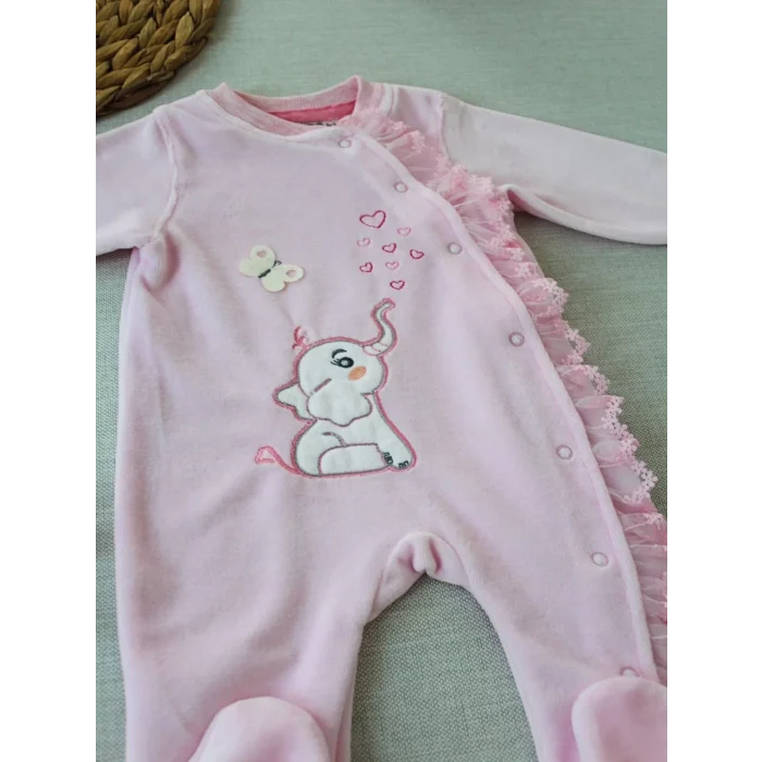 Luz&Pos 3-6 6-9 9-12 Ay Romantik Fil Nakışlı Pembe Süslü Kız Bebek Tulumu Pembe