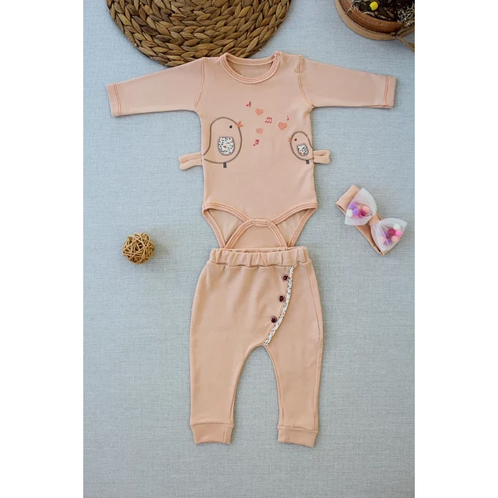 Luz&Pos 3-6 6-9 9-12 Ay Şarkıcı Kuşlar Nakışlı Bandanalı Uzun Kollu Zıbınlı 3lü Kız Bebek Takımı Buğday