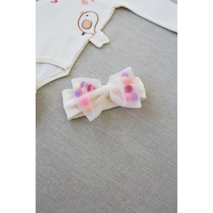 Luz&Pos 3-6 6-9 9-12 Ay Şarkıcı Kuşlar Nakışlı Bandanalı Uzun Kollu Zıbınlı 3lü Kız Bebek Takımı Ekru