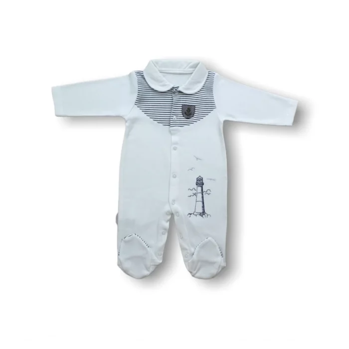 Luz&Pos 3-6 6-9 Ay Deniz Feneri Nakışlı Patikli Uzun Kollu Erkek Bebek Tulumu Ekru