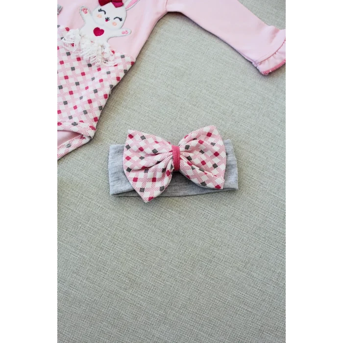 Luz&Pos 3-6 9-12 12-18 Ay Havuç Tavşan Nakışlı Bandanalı Uzun Kollu Zıbınlı 3lü Kız Bebek Tak Pembe