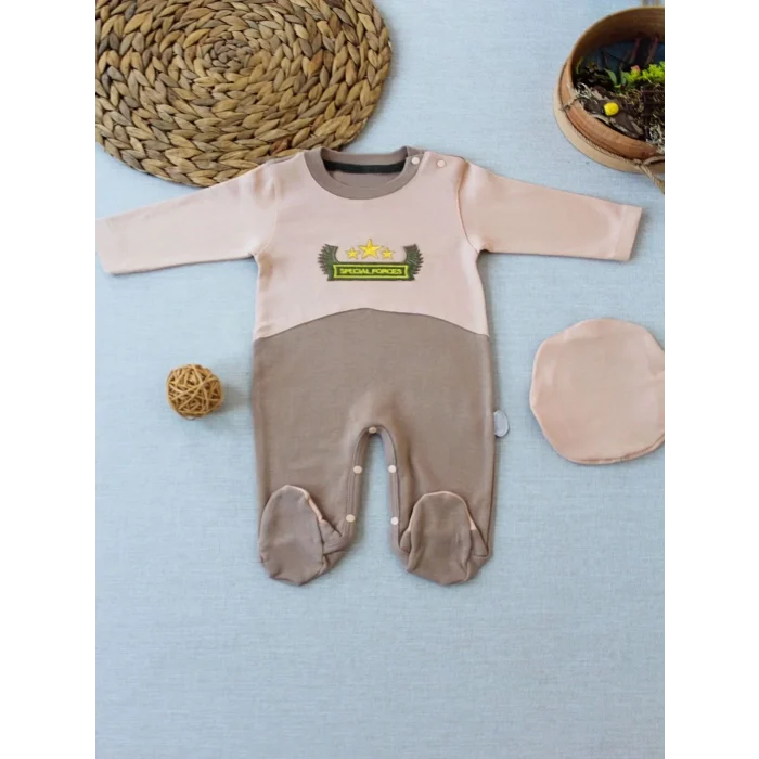 Luz&Pos 3-6 9-12 12-18 Ay Özel Kuvvetler Nakışlı Bere Şapkalı Kız Erkek Bebek Tulumu Sütlü Kahve