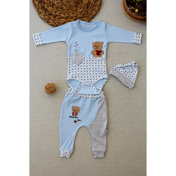 Luz&Pos 3-6 9-12 12-18 Ay Romantik Ayıcık Nakışlı Şapkalı Uzun Kollu Zıbınlı 3lü Kız-erkek Bebek Takımı Mavi