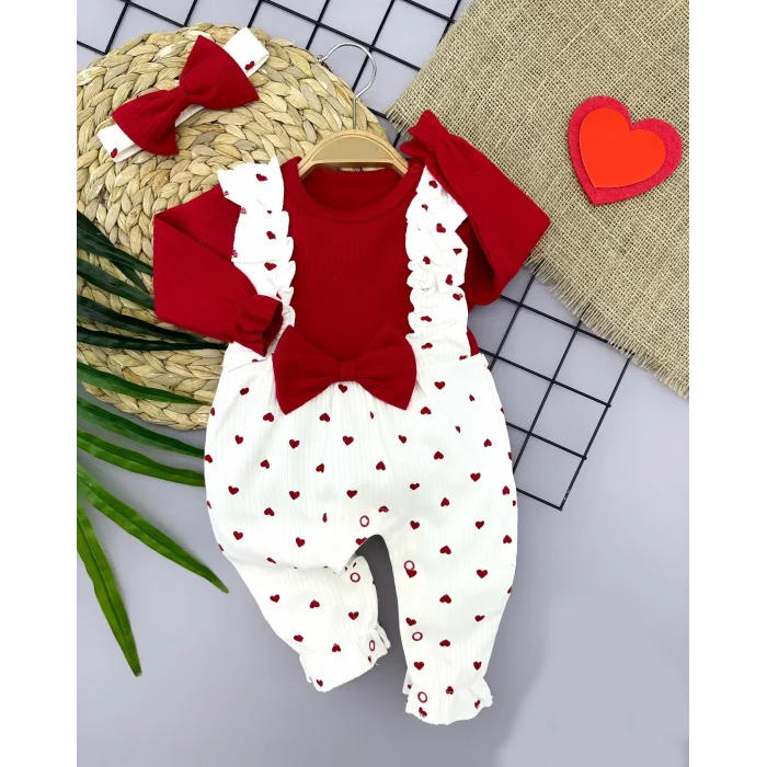Luz&Pos 3-6-9-12 Ay Bandanalı Fiyonk Detaylı Salopet Görünümlü Kalp Desenli 2li Kız Bebek Tulumu Kırmızı