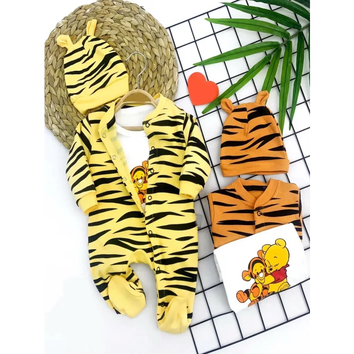 Luz&Pos 3-6-9-12 Ay Pooh Desenli Zebra Çizgili Şapkalı Sweatli 3lü Kız Erkek Bebek Tulumu(sarı) Sarı