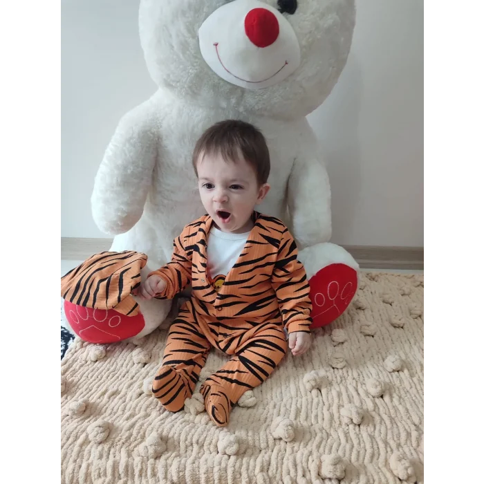 Luz&Pos 3-6-9-12 Ay Pooh Desenli Zebra Çizgili Şapkalı Sweatli 3lü Kız Erkek Bebek Tulumu(sarı) Sarı