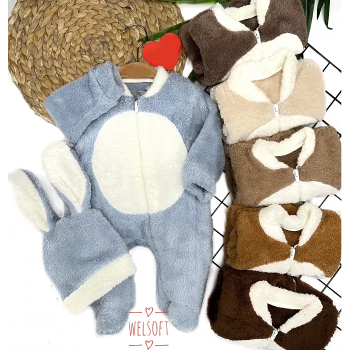 Luz&Pos 3-6-9-12 Ay Tavşan Kulak Şapkalı Fermuar Kapamalı Patikli Eldivenli Tüylü Erkek Bebek Tulumu Mavi