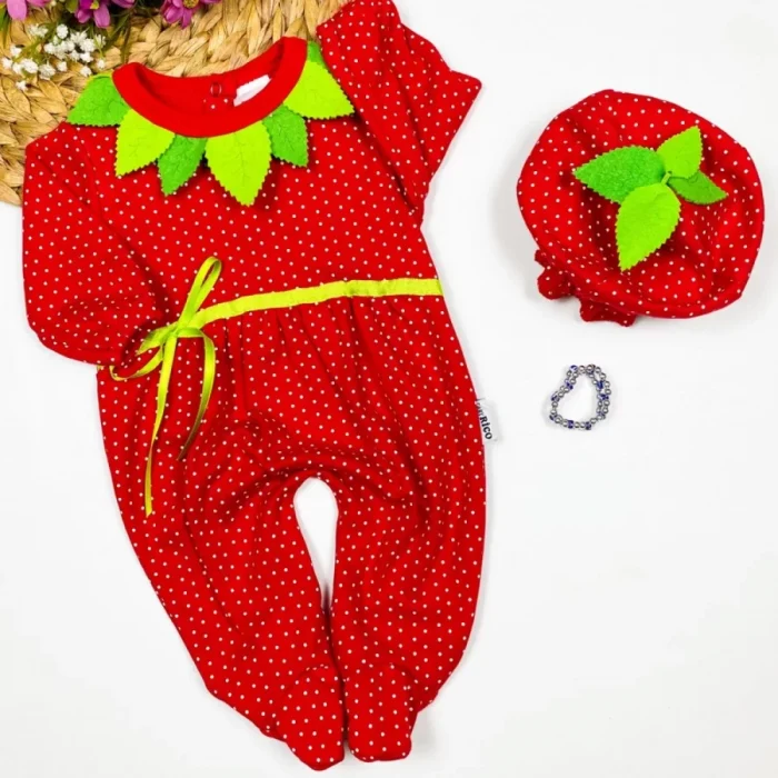 Luz&Pos 3-6-9 Ay Çilek Bebekler Penye Kumaş Şapkalı Bileklik Hediyeli Uzun Kollu Kız Erkek Bebek Tulumu Kırmızı