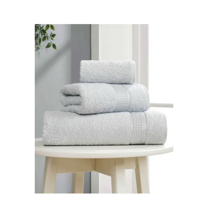 3 lü Banyo Havlusu Seti Pamuklu Ritim Açık Gri